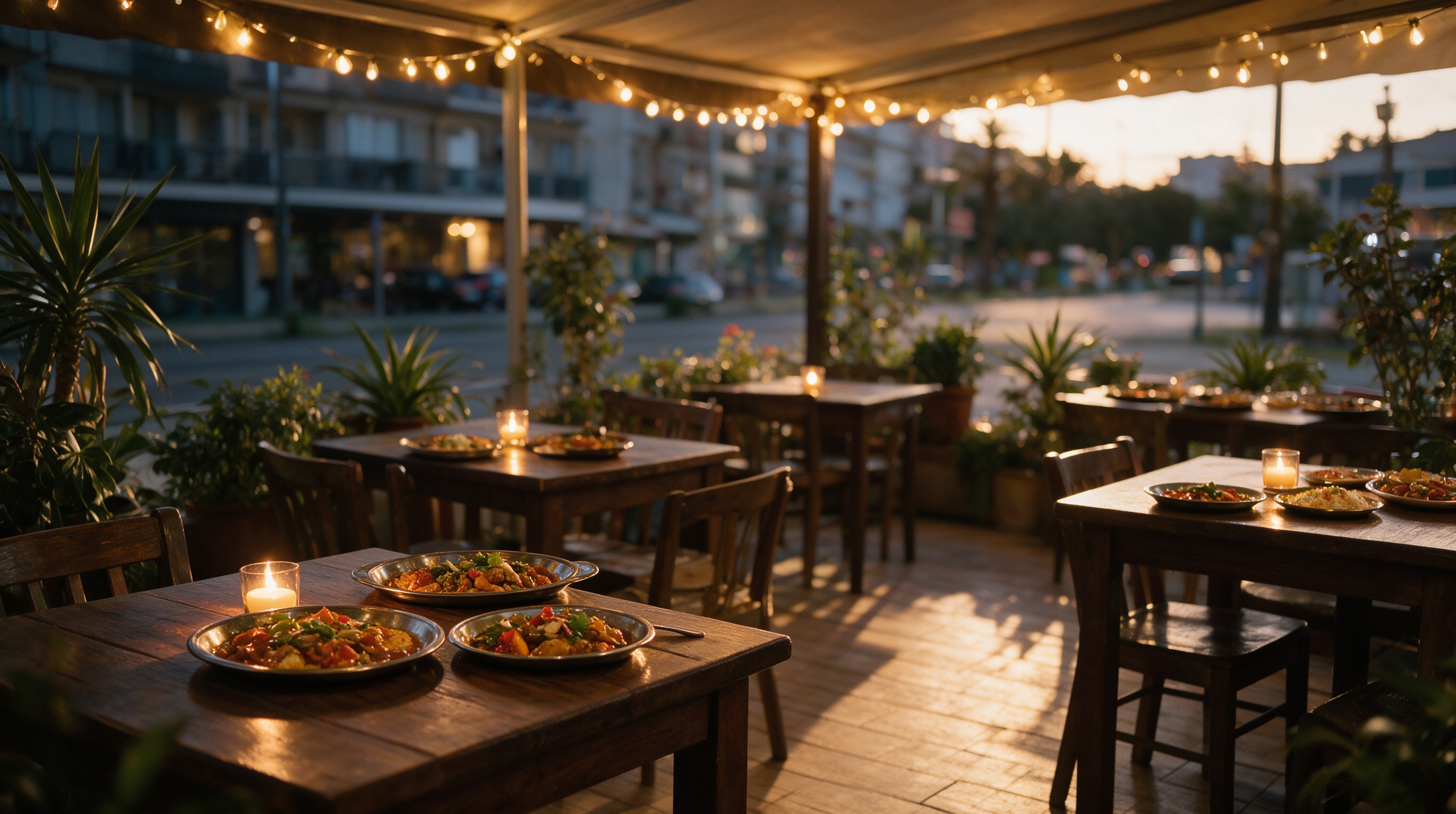 Ambiente del comedor de Mirch Masala al anochecer