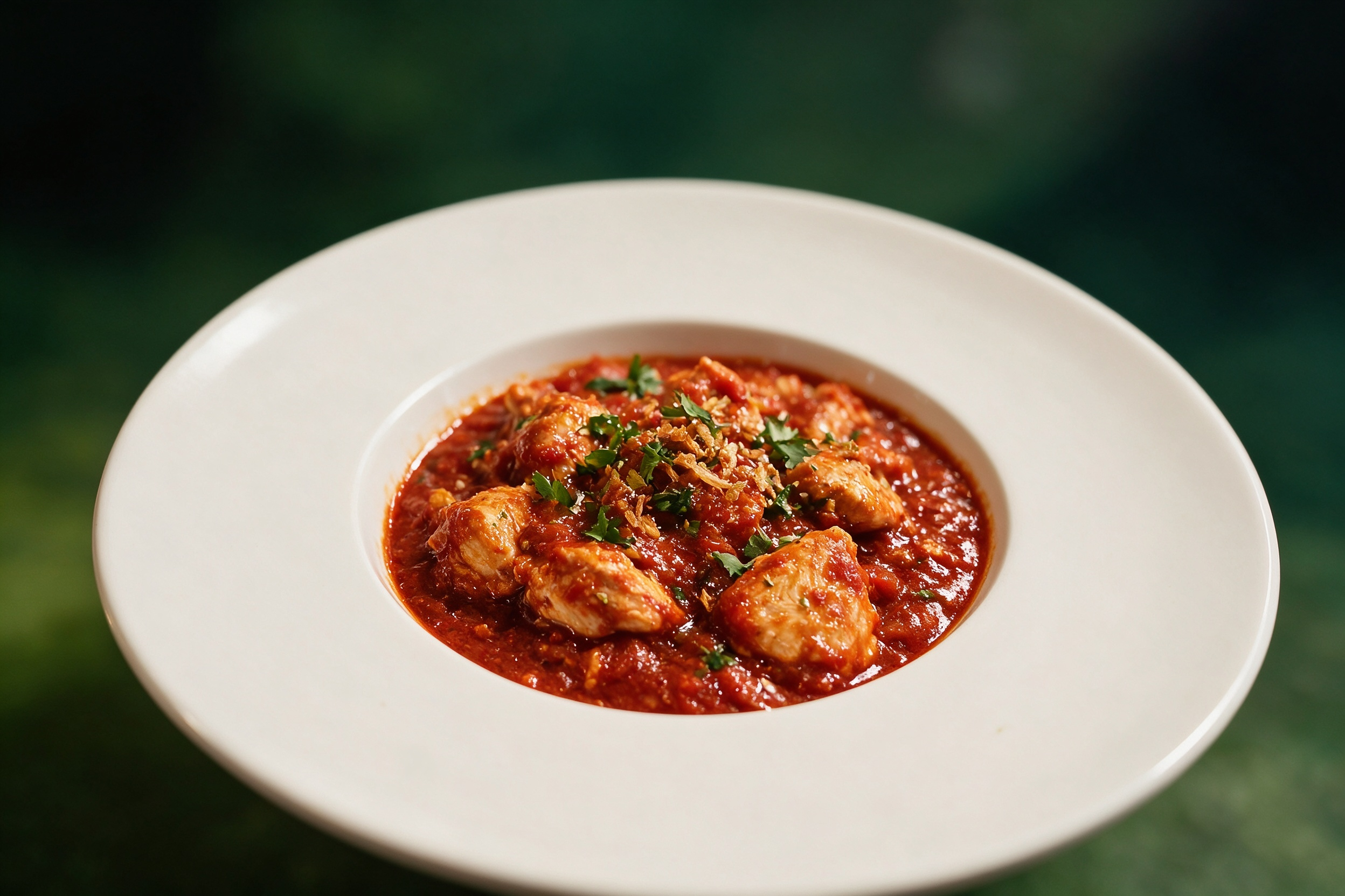Pollo tikka masala, curry rojo de tomate con cilantro y cebolla frita